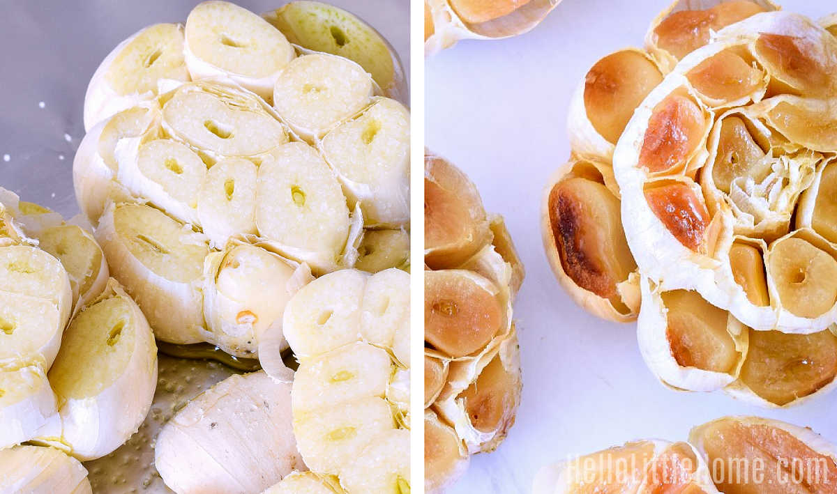 A photo collage showing garlic before and after roasting.