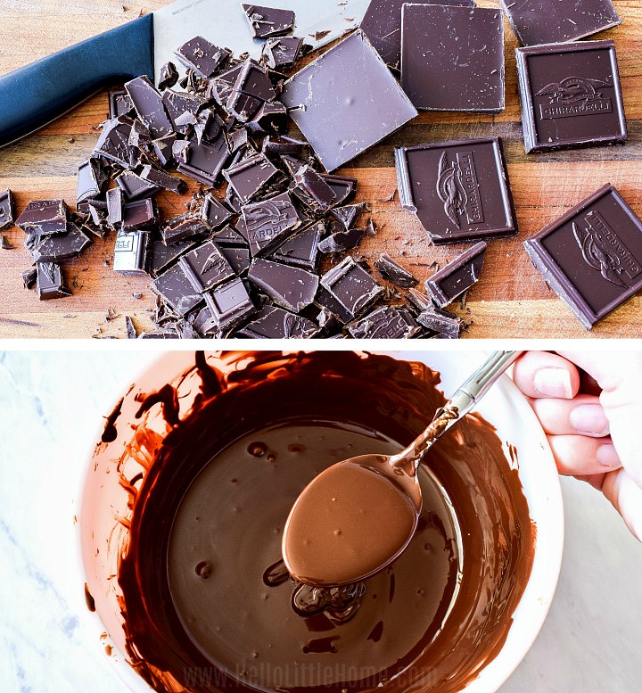 A collage showing how to chop and melt chocolate for bark.