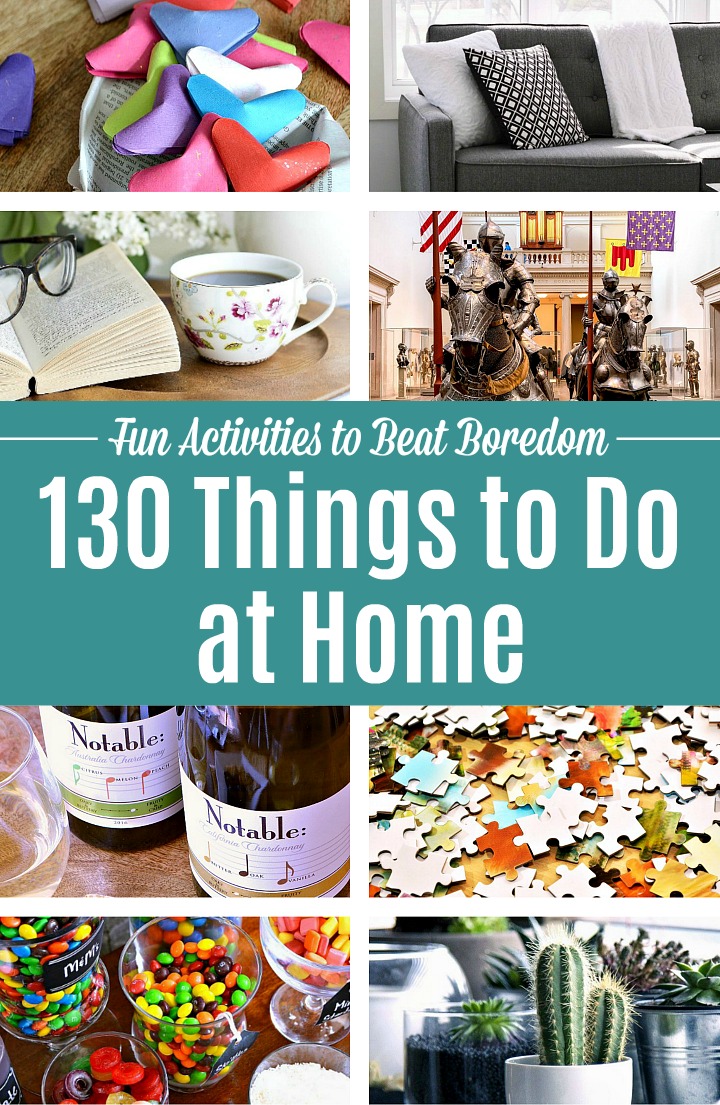 A collage of images showing different things to do at home.
