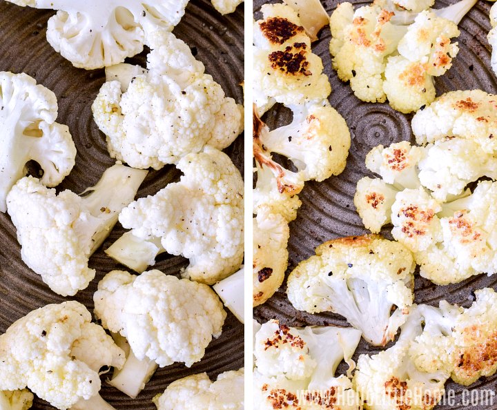 Photo collage showing cauliflower before and after roasting.