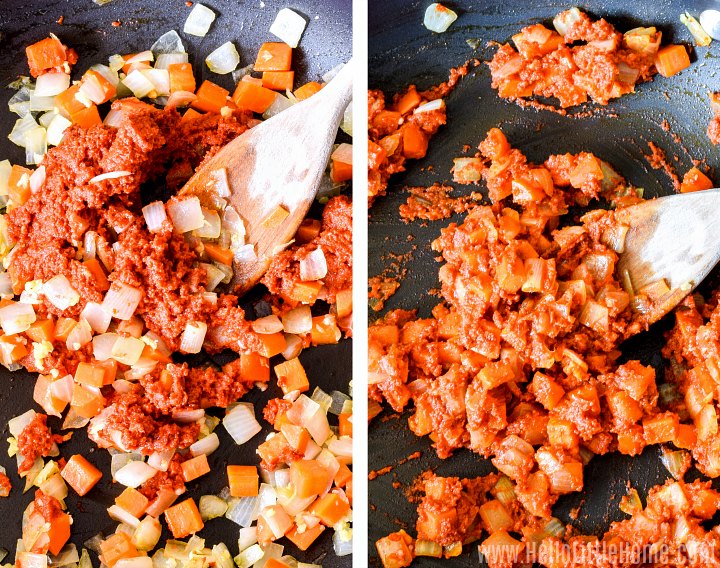 A photo collage showing a wood spoon mixing red curry paste into veggies.