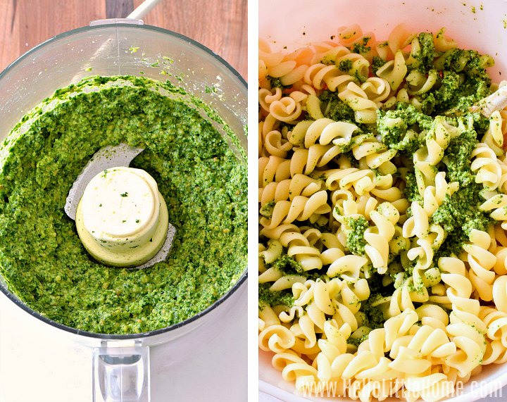 A collage of photos, one with pesto in a food processor, and another of pesto mixed with pasta.
