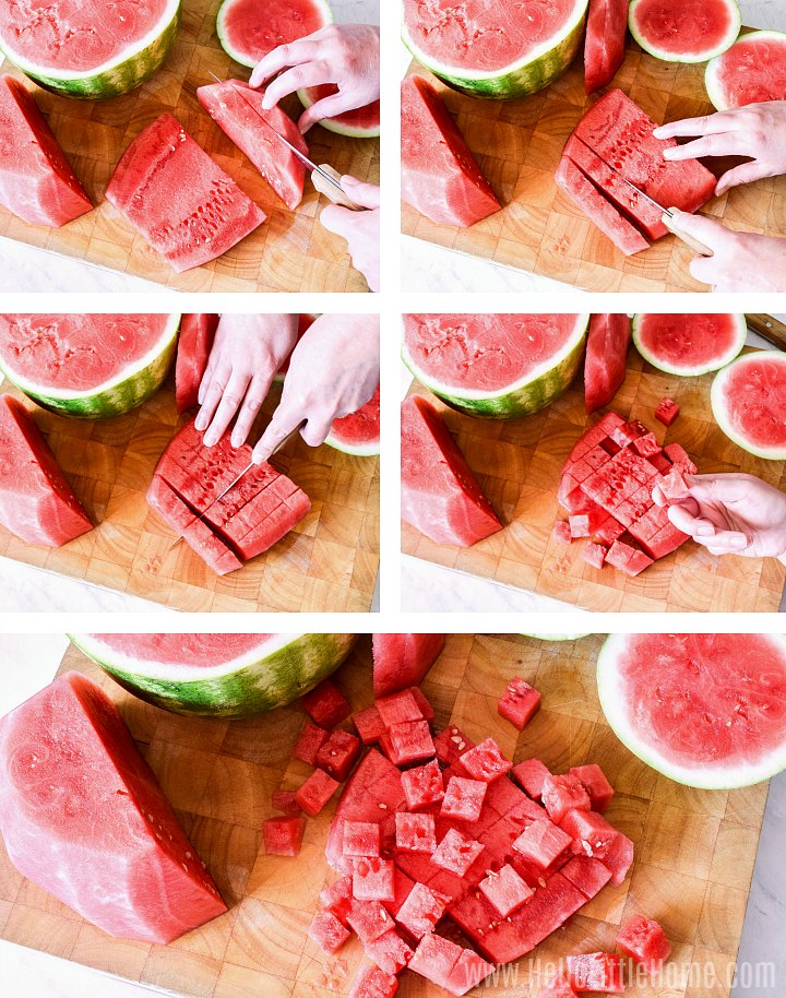 A photo collage showing the steps for cutting watermelon cubes.