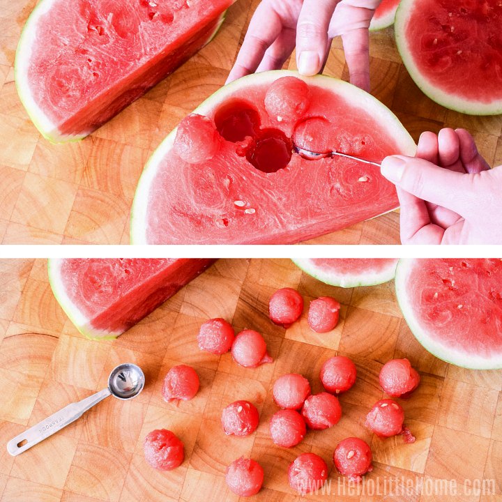 A photo collage showing a hand making watermelon balls and the finished balls.