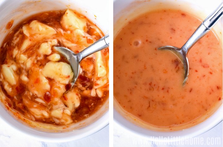 Photo collage showing sweet chili sauce before and after mixing with mayo.