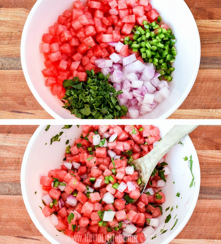 A photo collage showing the recipe ingredients in a bowl before and after mixing.