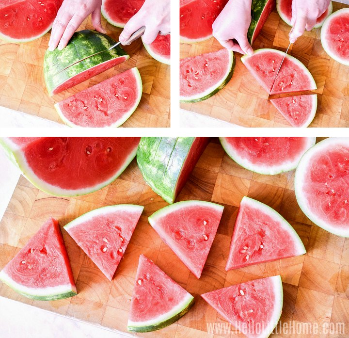 A photo collage showing the steps for slicing watermelon into triangles and wedges.