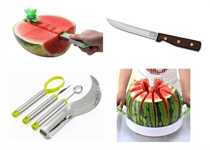 A photo collage of different watermelon cutting tools.