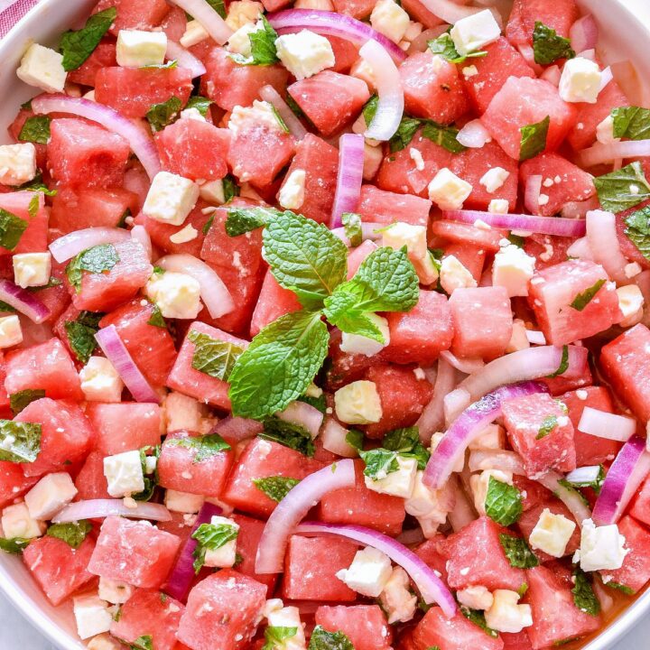 Closeup of the finished Watermelon Salad recipe.
