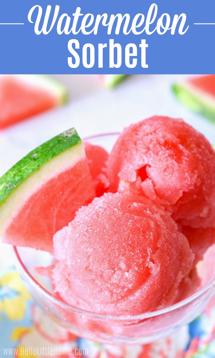 Scoops of Watermelon Sorbet in a glass dish.