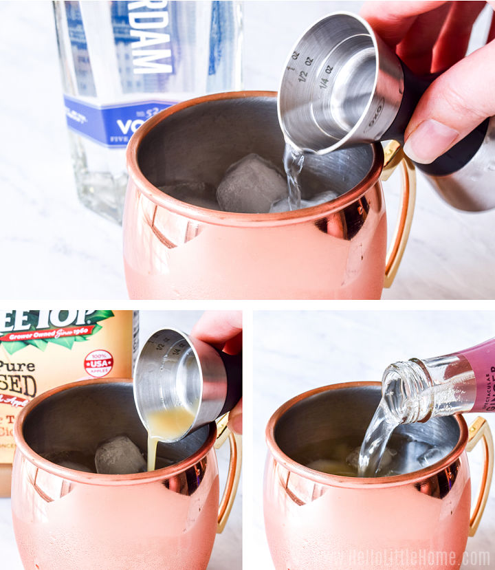 A photo collage showing a hand adding vodka, apple cider, and ginger beer to a copper mug.