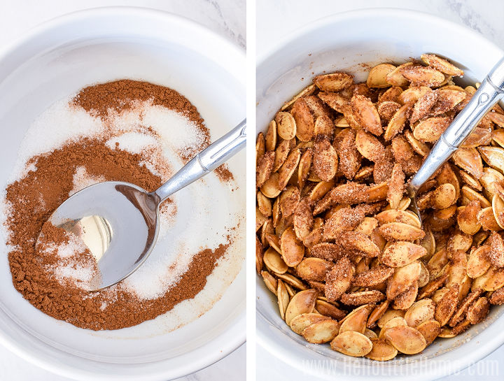 Photo collage showing cinnamon sugar in a bowl on one side and pumpkin seeds mixed with sugar mixture on the other.
