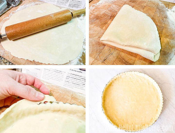 A photo collage showing how to roll the crust and place it in the tart pan.