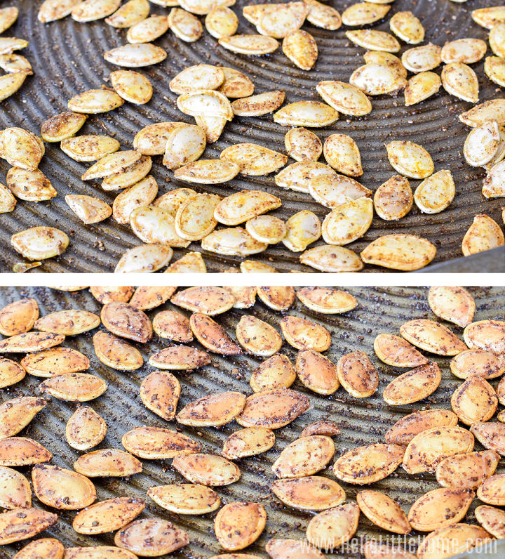 A photo collage showing the seeds on a baking sheet before and after baking.