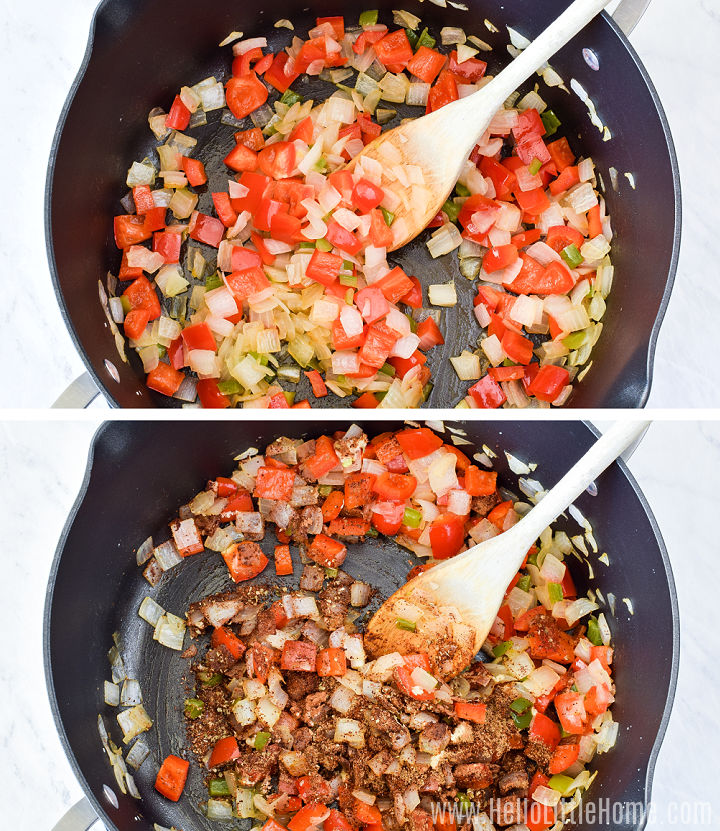 A photo collage showing sauteed veggies (before and after adding spices) in a large pot.