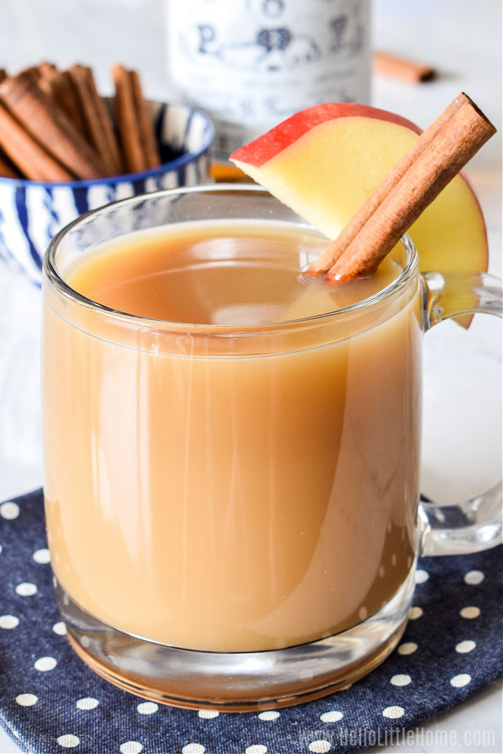 The finished recipe served in a glass mug and garnished with a cinnamon stick and apple slice.