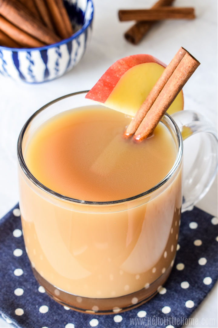 Spiked Cider Cocktail in a glass mug with cinnamon sticks in the background.