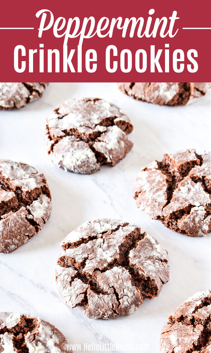 Chocolate Peppermint Crinkles on a marble counter.
