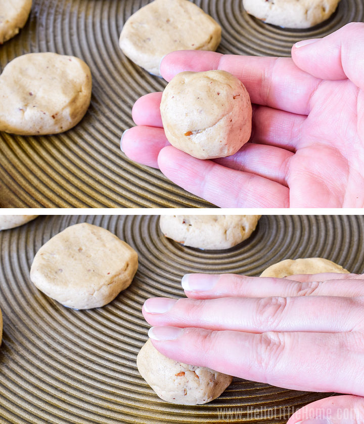 A photo collage showing a hand with a ball of pecan cookie dough, then flattening it.