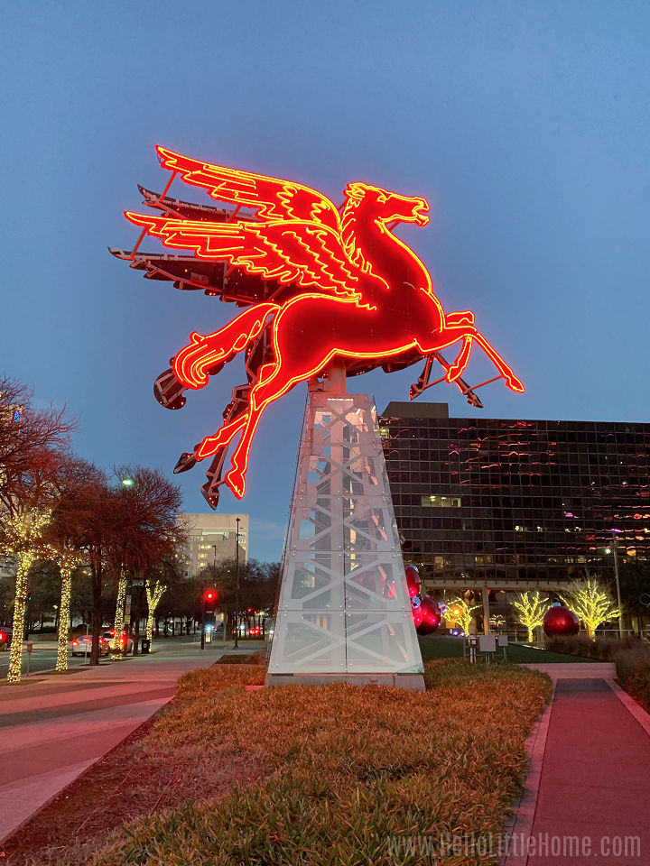 A neon pegasus sculpture in Dallas, TX.