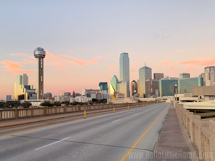 The downtown Dallas skyline at sunset.