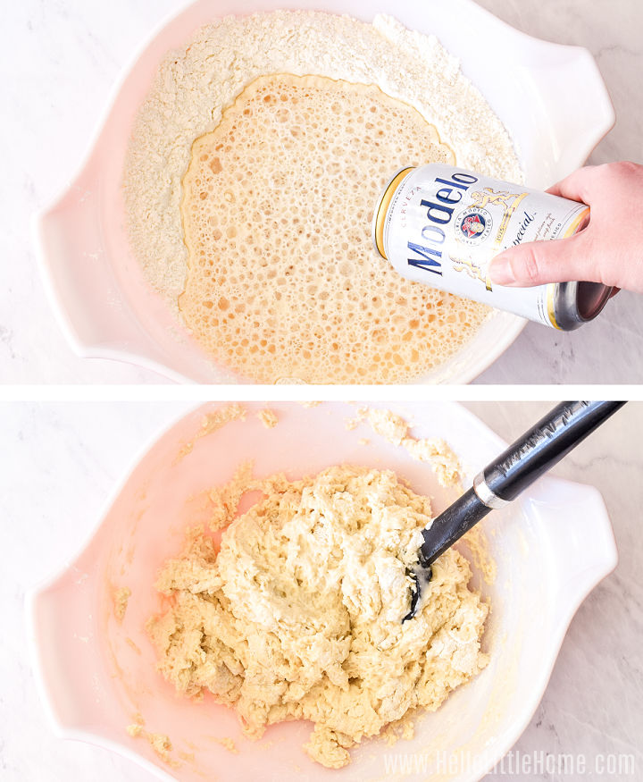 A photo collage showing a hand pouring beer into the dry ingredients and then the batter after mixing.