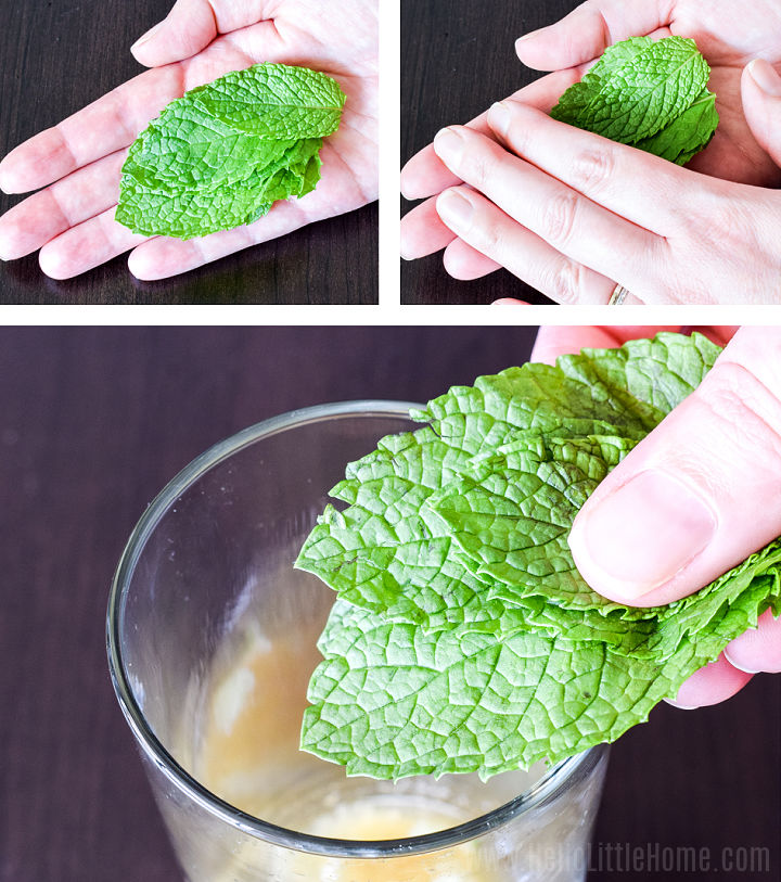 A photo collage showing a hand bruising the mint for the drink.