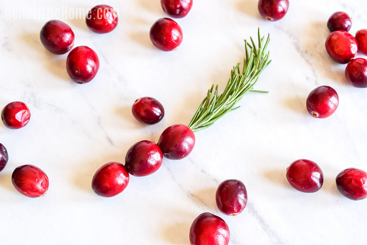 Three cranberries threaded on a rosemary sprig, surrounded by more loose cranberries.