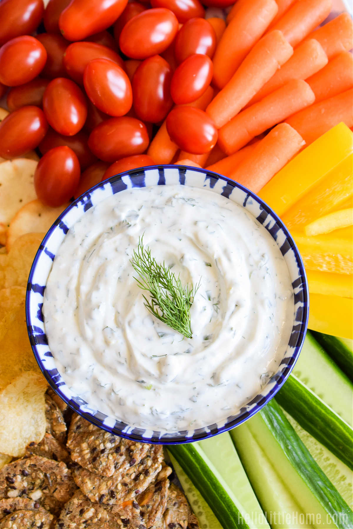 A bowl of dip served with crackers, veggies, and chips.