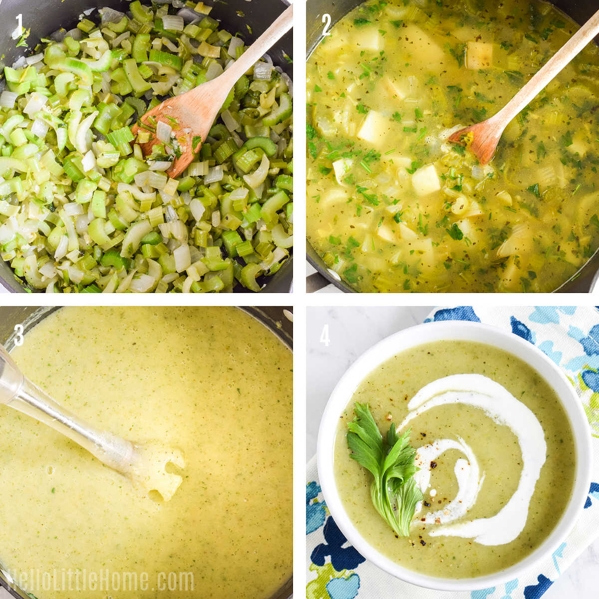 A photo collage showing how to make celery soup step by step.