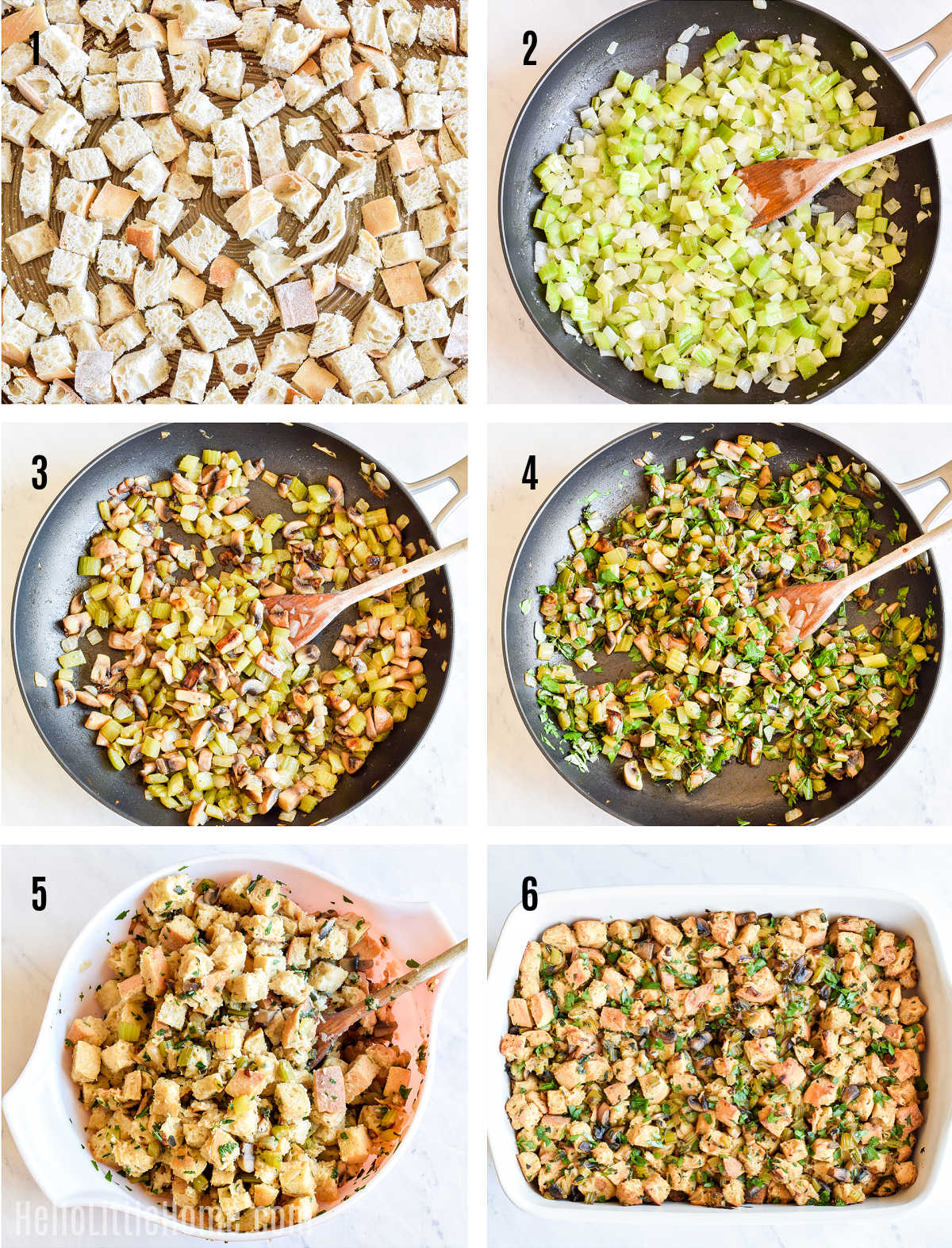 A photo collage showing how to make the stuffing step-by-step.