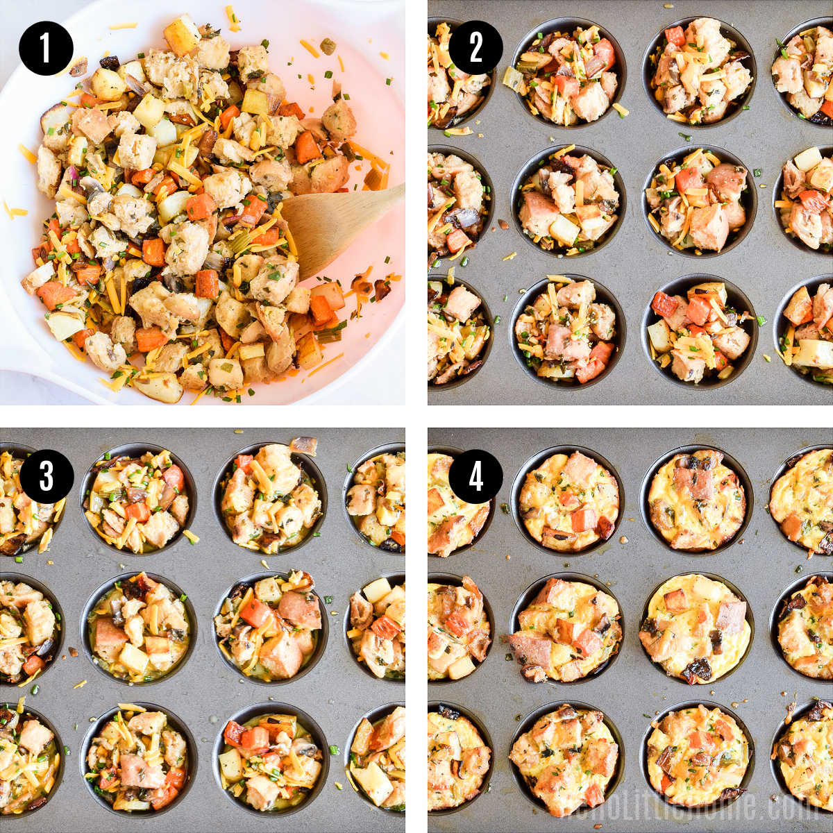 A photo collage showing how to make the muffins step-by-step.