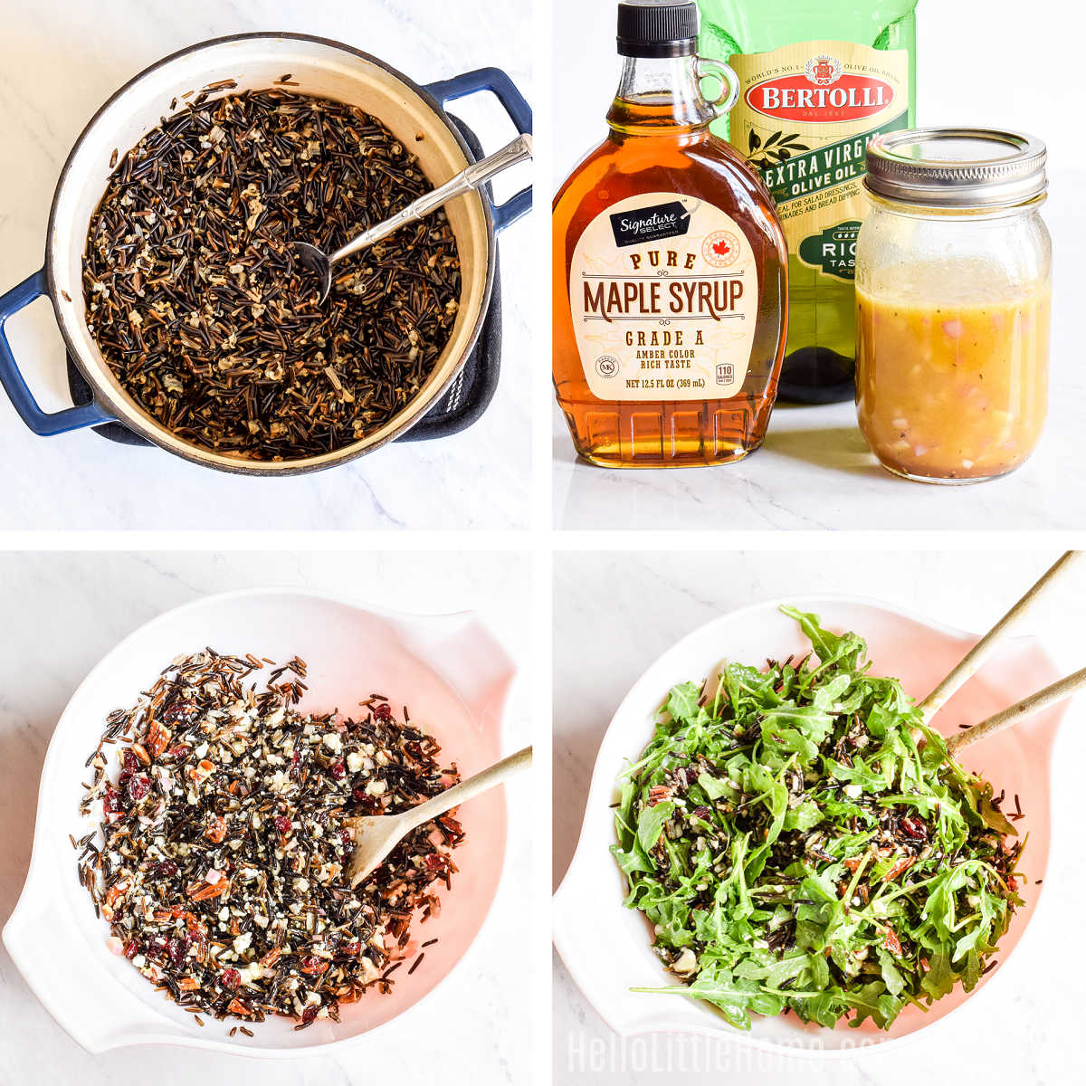 A photo collage showing how to make the salad step-by-step.