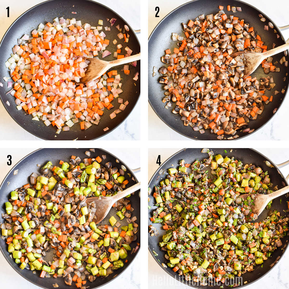 A photo collage showing how to make the vegetarian Wellington filling step-by-step.
