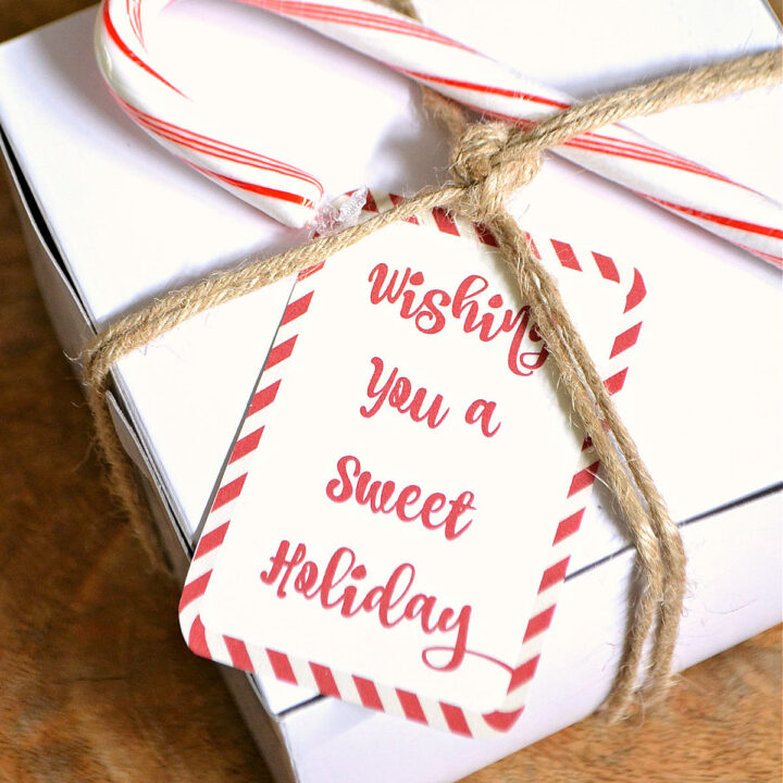 A white box decorated with a candy cane gift tag and twine.