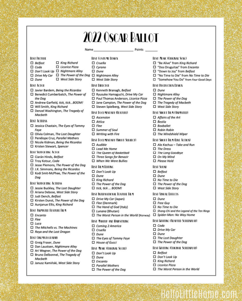 The one page Oscar Ballot printable on a glitter background.