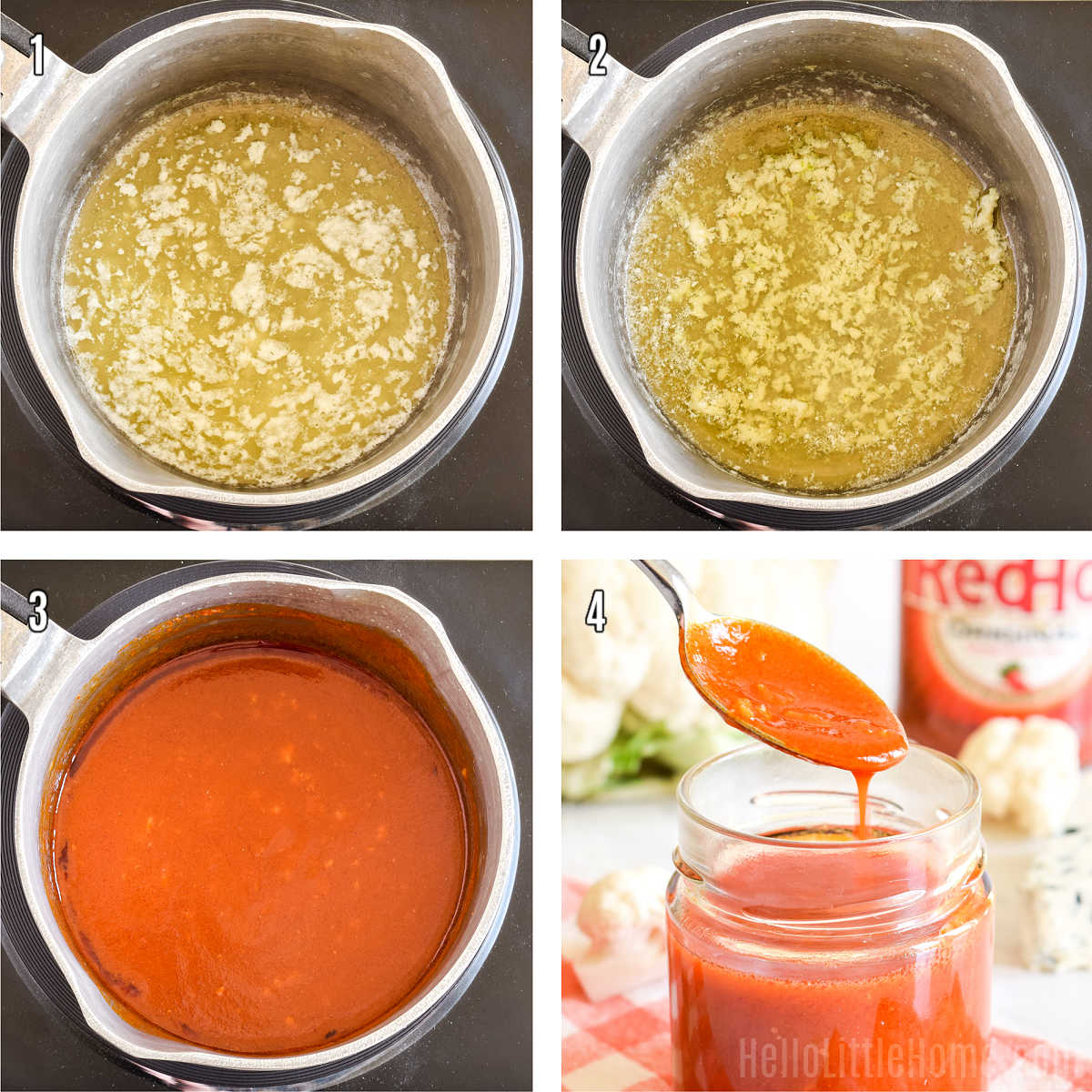 A photo collage showing how to make Buffalo Sauce step-by-step.