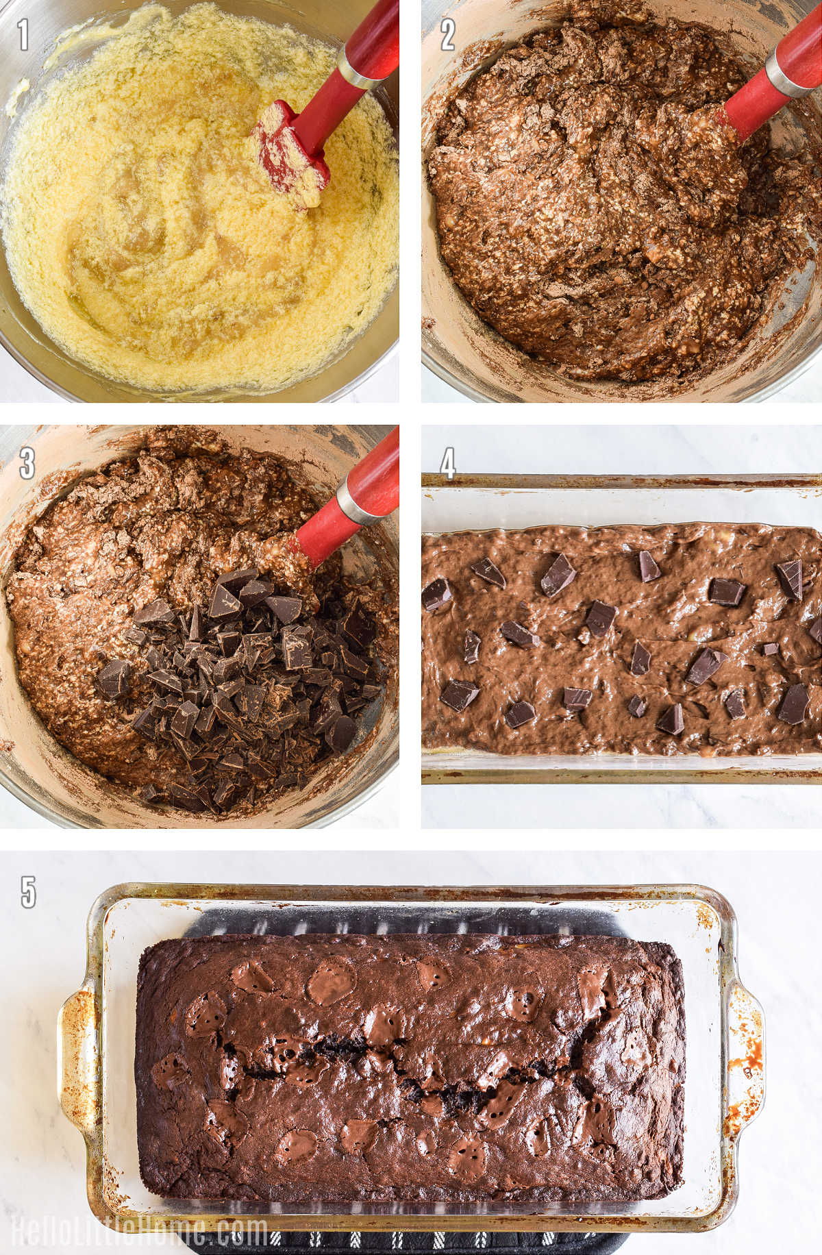 A photo collage showing how to make chocolate banana bread step-by-step.