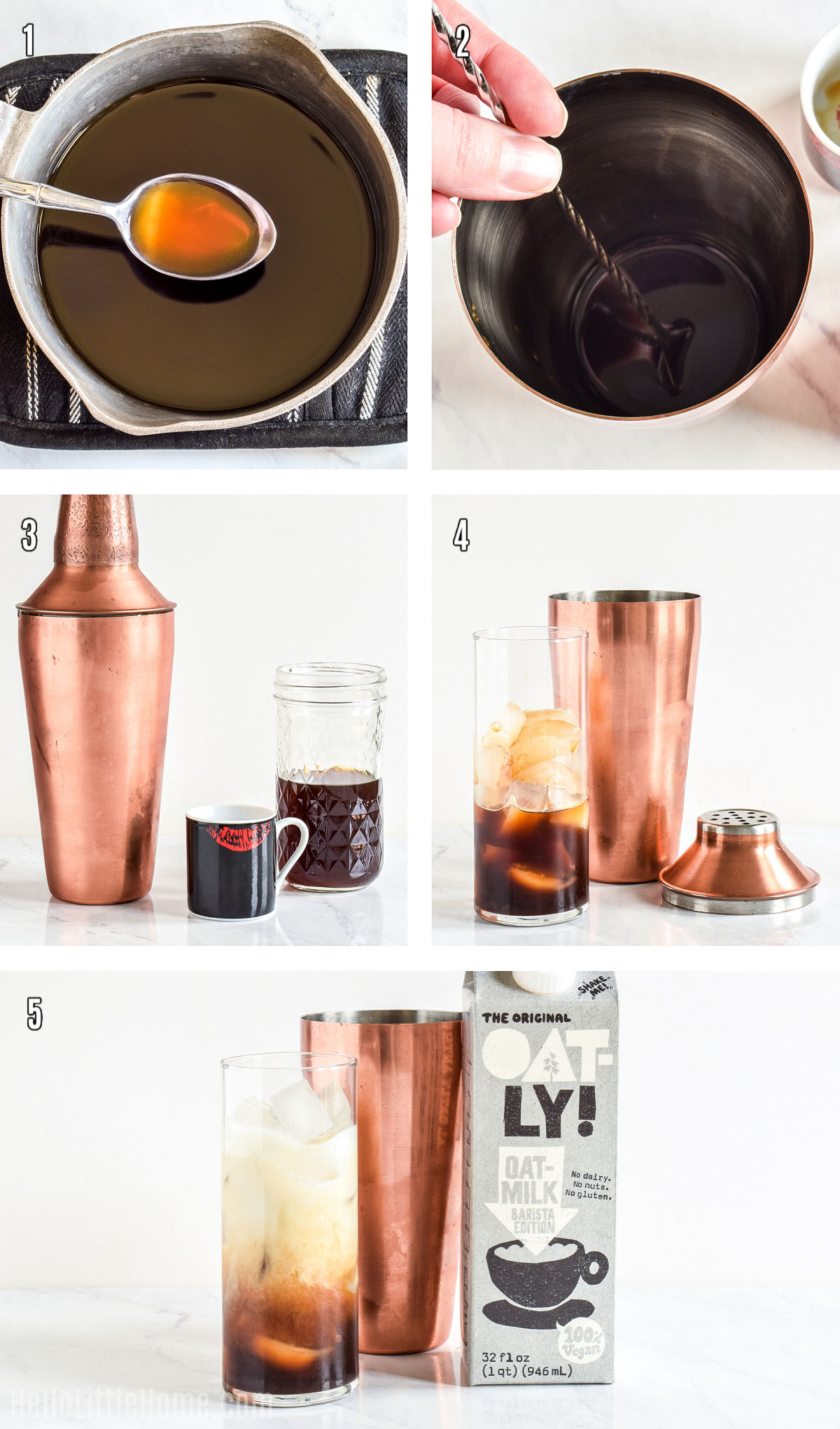 A photo collage showing how to make an Iced Brown Sugar Oatmilk Shaken Espresso step-by-step at home.