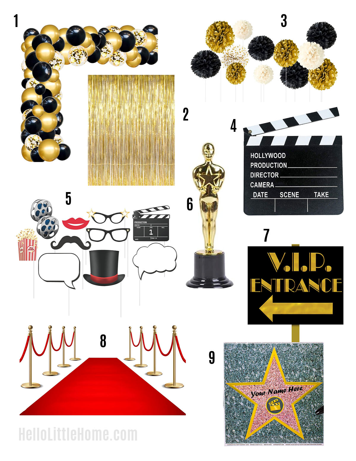 A photo collage showing different Oscar Party Decoration Ideas.