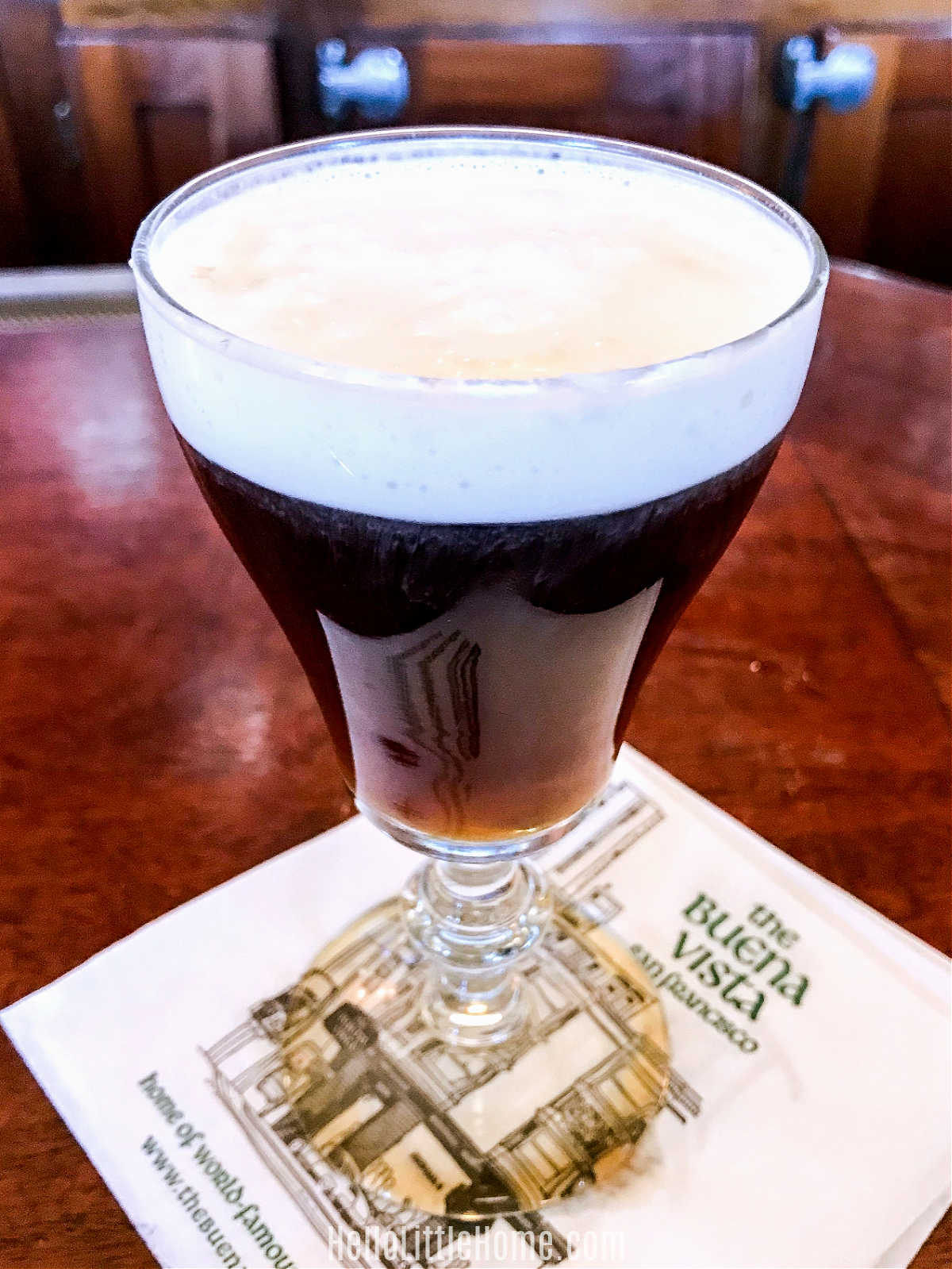 A classic Irish Coffee on a cocktail napkin at The Buena Vista in San Francisco.