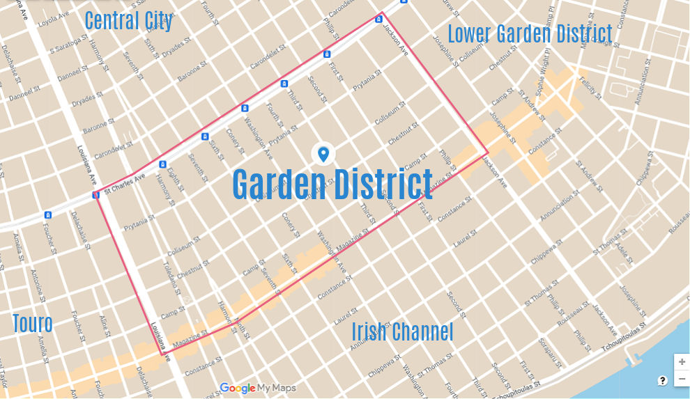 A map showing the boundaries of NOLA's Garden District.