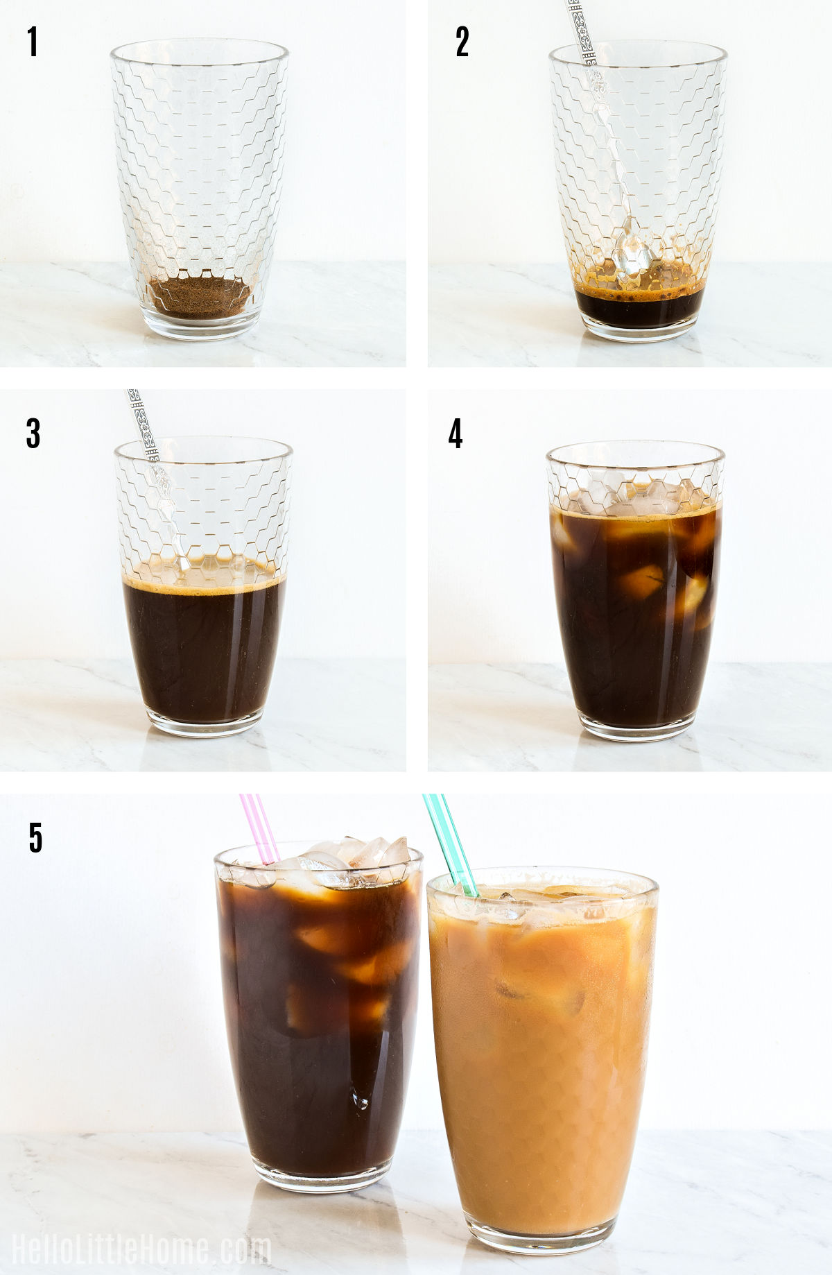 A photo collage showing how to make iced coffee with instant coffee step-by-step.