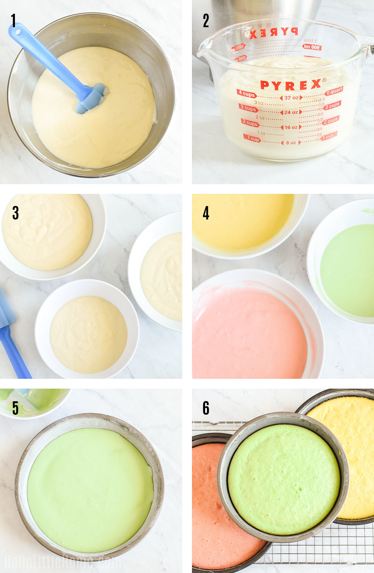 Photo collage showing how to prepare and bake batter for Mini Easter Cakes.