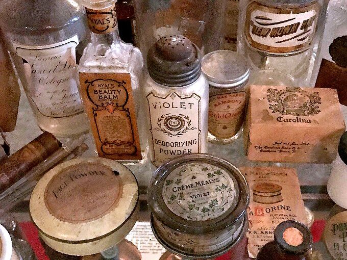 Vintage beauty products and toiletries on display at the museum.