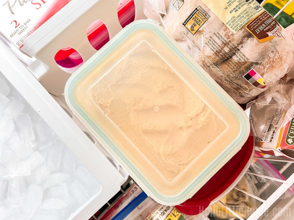 A container of homemade hummus in a freezer.