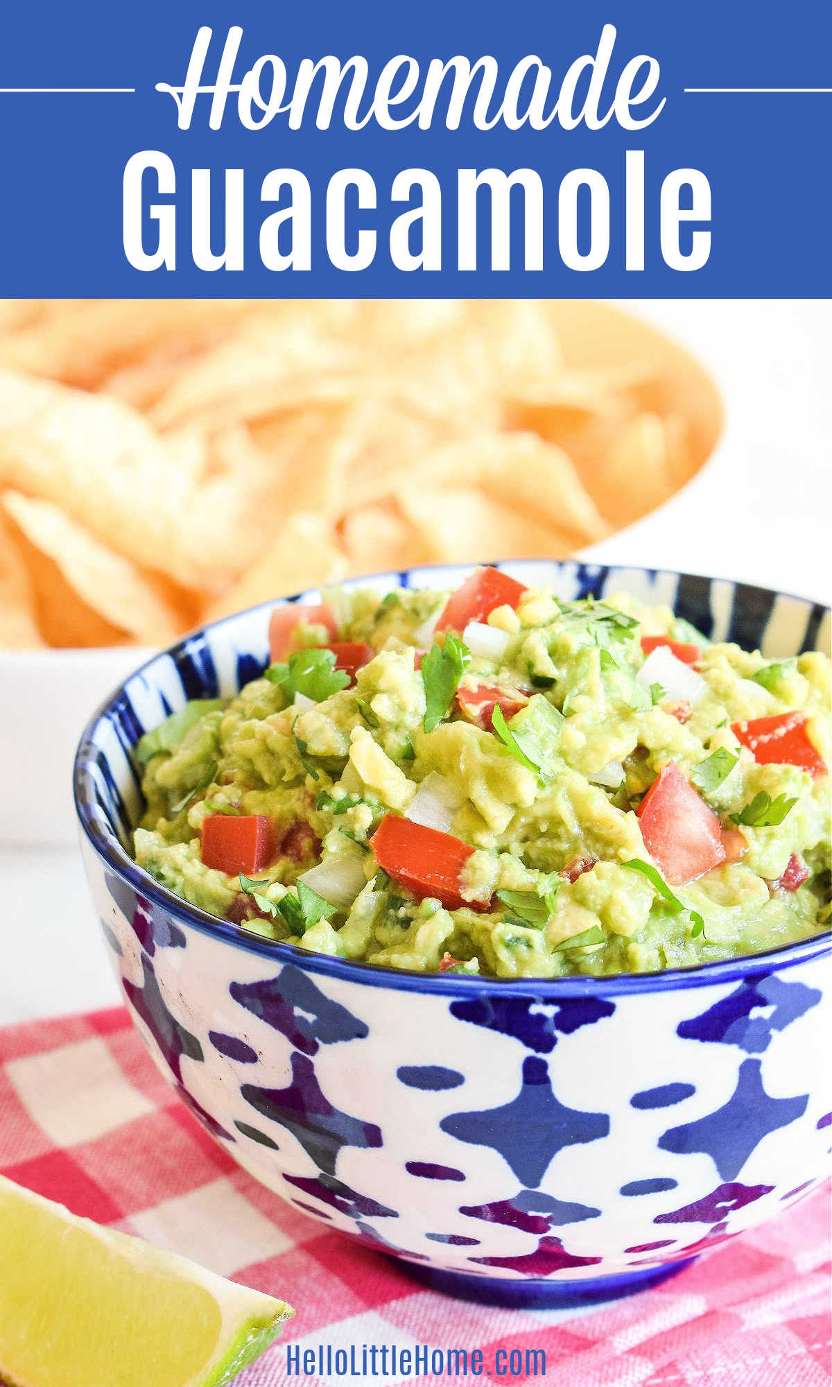 A bowl of homemade guacamole on a napkin with tortilla chips behind it.