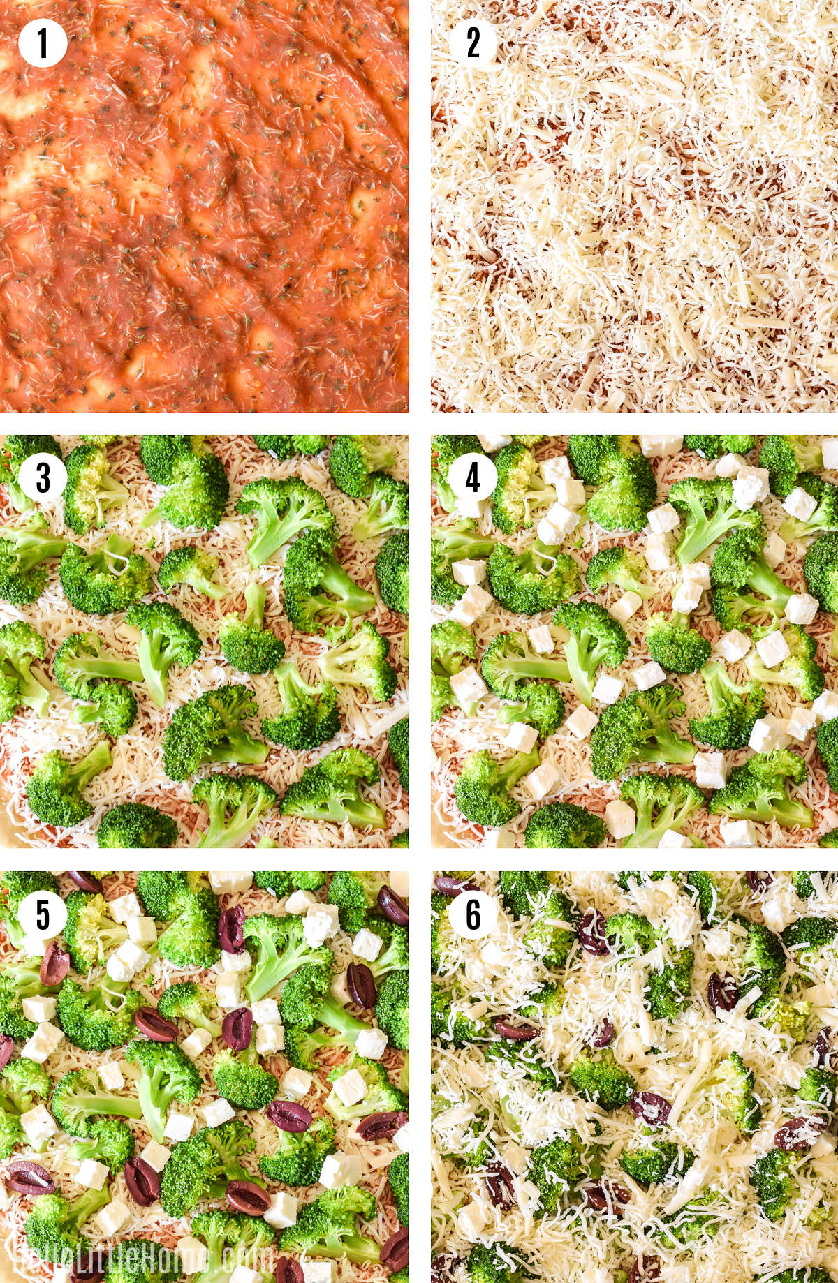 A photo collage showing how to make broccoli pizza step-by-step.