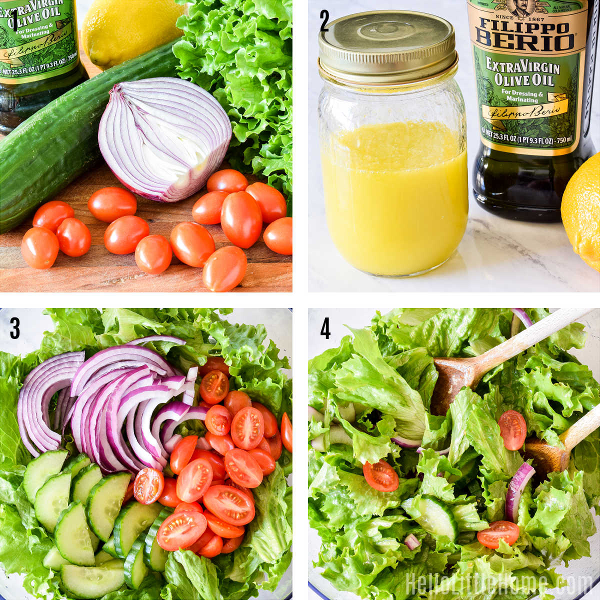 A photo collage showing how to make a garden salad step-by-step.