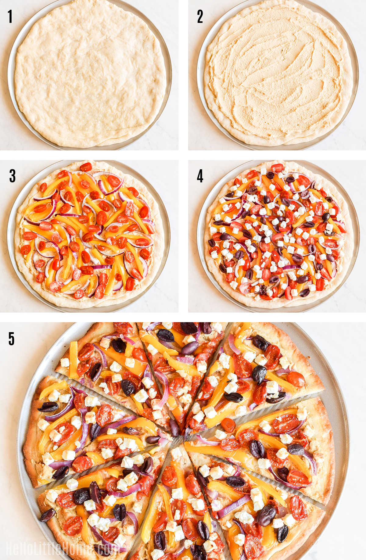 A photo collage showing how to make hummus pizza step-by-step.